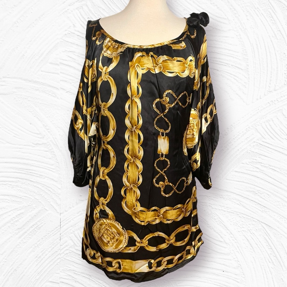 Y2K Designer Joy Han 100% Silk dress Black w/ Gold Chain Print